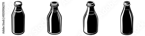 line art vector illustration collection of milk bottle with wood cutting style. isolate on a white background. SVG and PNG
