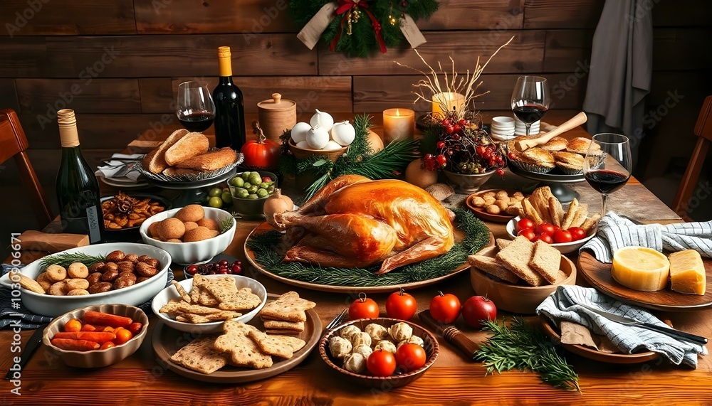 Christmas cozy evening. Table with turkey and other dishes Christmas cozy evening. Table with turkey and other dishes