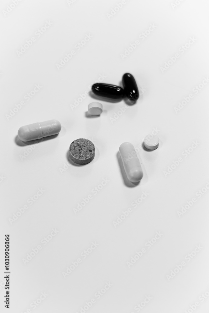 Close-up of pills of different shapes and colors on a white background. Do not self-medicate. Close-up of pills of different shapes and colors on a white background. Do not self-medicate.