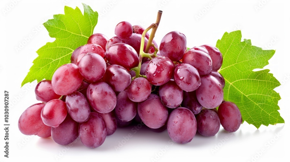 Fototapeta premium Vibrant and Refreshing: A Stunning Display of Red Grapes with Leaves on a White Background!