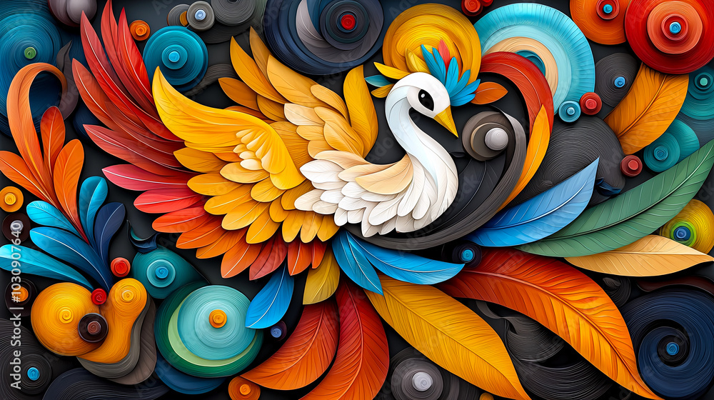 Naklejka premium vibrant and colorful abstract design featuring stylized bird surrounded by swirling leaves and circular patterns. artwork showcases blend of warm and cool colors, creating lively and dynamic