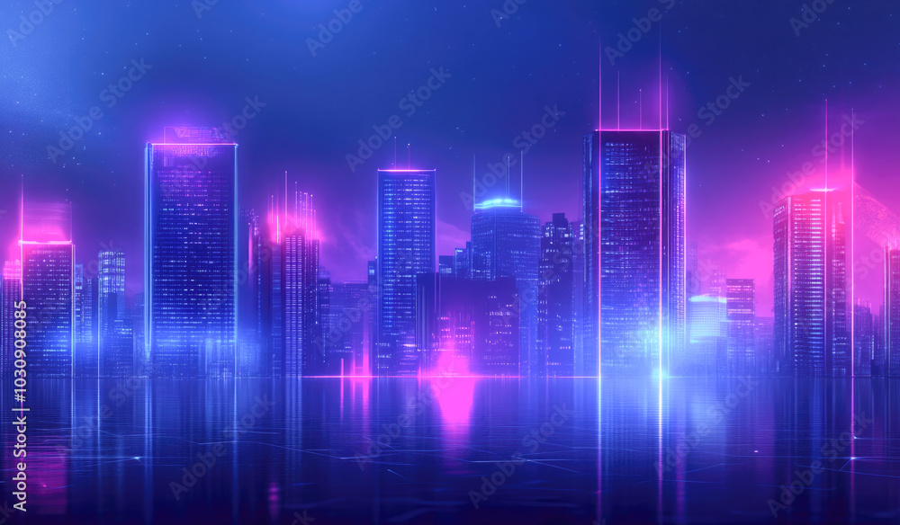 Neon cityscape with futuristic skyscrapers and reflections at night Neon cityscape with futuristic skyscrapers and reflections at night
