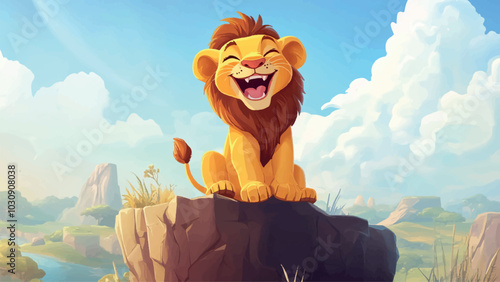 Happy Lion Cub Laughing Sitting on Cliff Against Savannah Backdrop Cartoon Background Illustration Featuring Playful Scene Vibrant Colors and Joyful Atmosphere