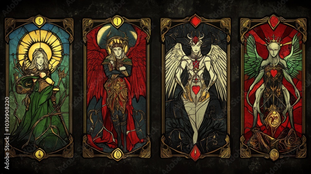 Obraz premium DualNatured Playing Cards Angelic and Demonic Powers Stained Glass Style