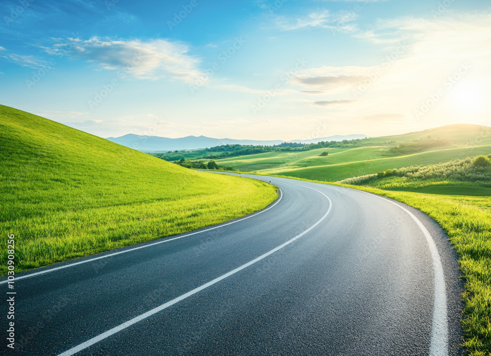 Serene curving road through lush green hills under a bright sunny sky Serene curving road through lush green hills under a bright sunny sky