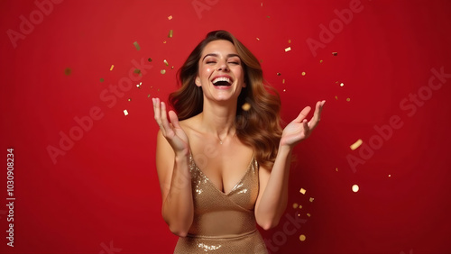 Woman in a gold dress laughing with confetti falling against a red background