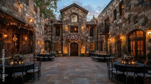 Grand Open-Air Wedding Setting in Castle Courtyard with Warm Lighting
