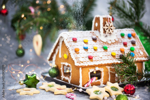 Homemade Christmas gingerbread house with holiday decorations