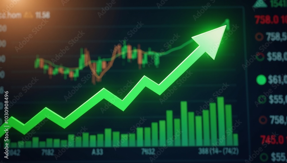 Radiant green upward-facing arrow on dynamic financial dashboard signifies economic growth Radiant green upward-facing arrow on dynamic financial dashboard signifies economic growth