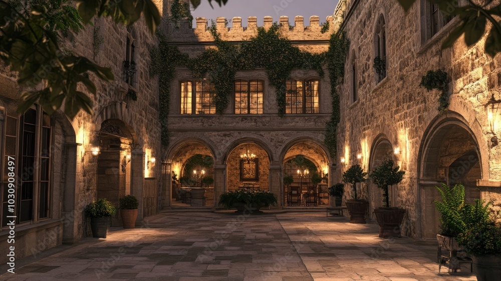 HDR Image of Castle Wedding Venue with Stone Grays and Warm Lights HDR Image of Castle Wedding Venue with Stone Grays and Warm Lights