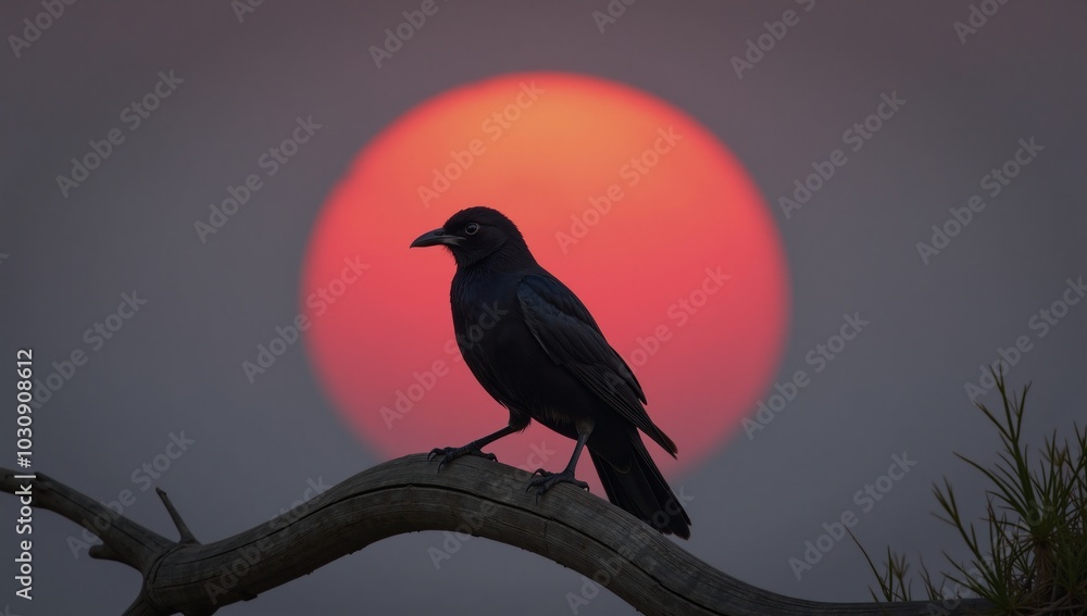 Fototapeta premium Black bird sitting on a tree branch before a giant red sun