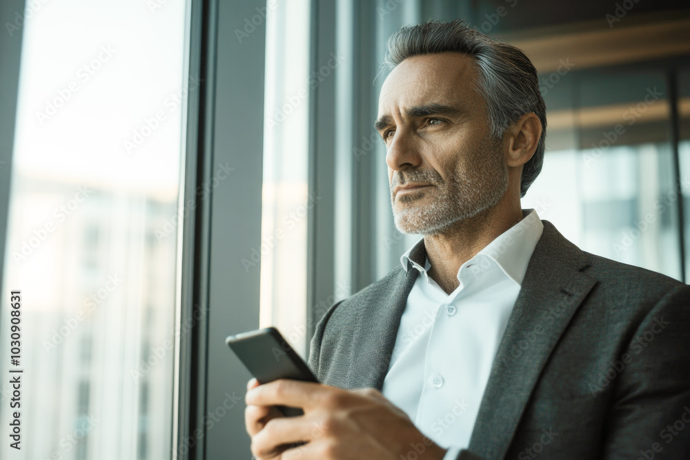 Fototapeta premium Confident businessman in suit using smartphone by office window