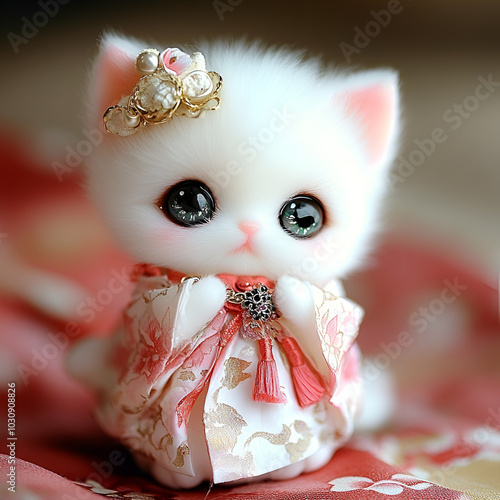 The most beautiful and adorable,the tiniest white cat in the world, its fur is so soft and delicate that you can almost touch them. Wearing Korean Hanbok, hair accessories, beautiful, cute, cute,  photo