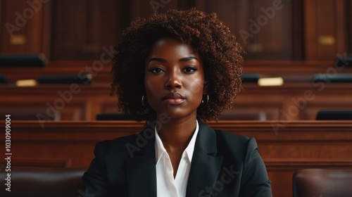 Afroamerican woman lawyer in court of law with confident look ready to start trial