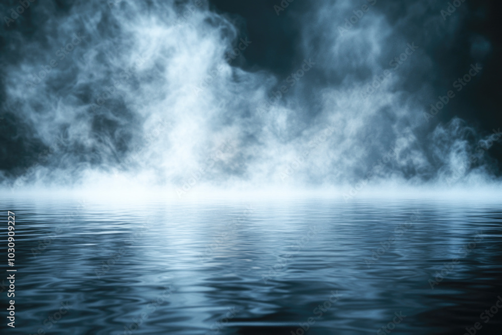Mystical foggy lake with dramatic mist and calm reflections at night Mystical foggy lake with dramatic mist and calm reflections at night