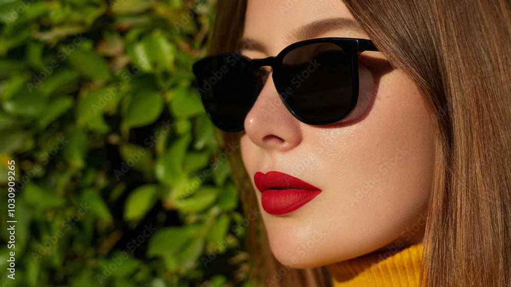 Eye wear fashion. Black eyeglasses. Beauty glamour portrait of a woman with brown hair, wearing classic sunglasses and red lipstick, in a mustard turtleneck sweater against a green leafy background. Eye wear fashion. Black eyeglasses. Beauty glamour portrait of a woman with brown hair, wearing classic sunglasses and red lipstick, in a mustard turtleneck sweater against a green leafy background.