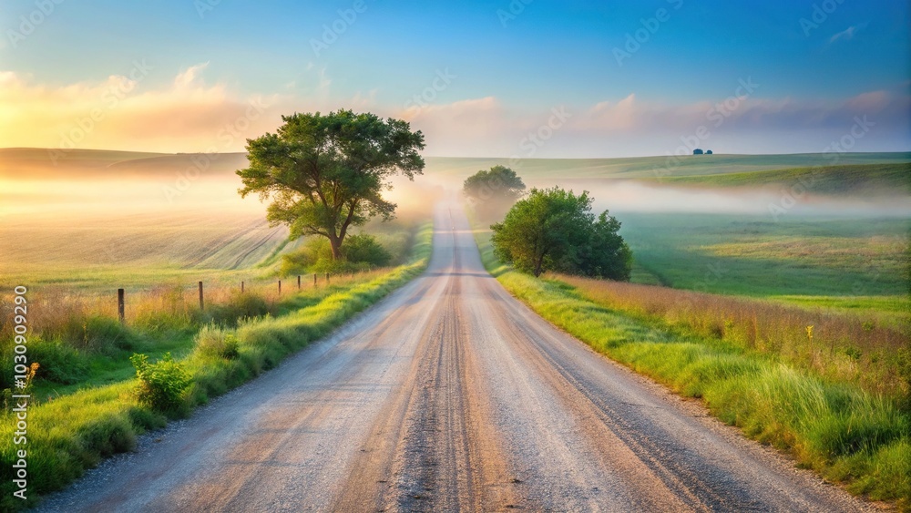 Country road in the Flint Hills of Kansas on a foggy summer morning Country road in the Flint Hills of Kansas on a foggy summer morning