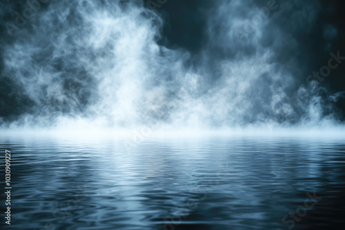 Mystical foggy lake with dramatic mist and calm reflections at night