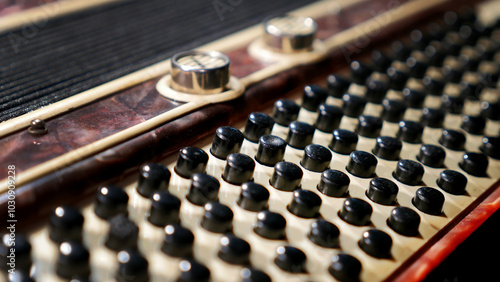 Close-up of the accordion. Bass register, bass keyboard, buttons 