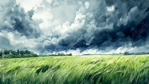 Heavy Dark Hurricane Clouds Over Bright Green Field of Barley Watercolor Background Illustration Featuring Dramatic Sky Agricultural Landscape Lush Greenery and Intense Weather