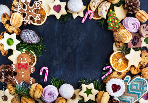 Frame of many different sweet Christmas cookies, top view, copy space, holiday concept