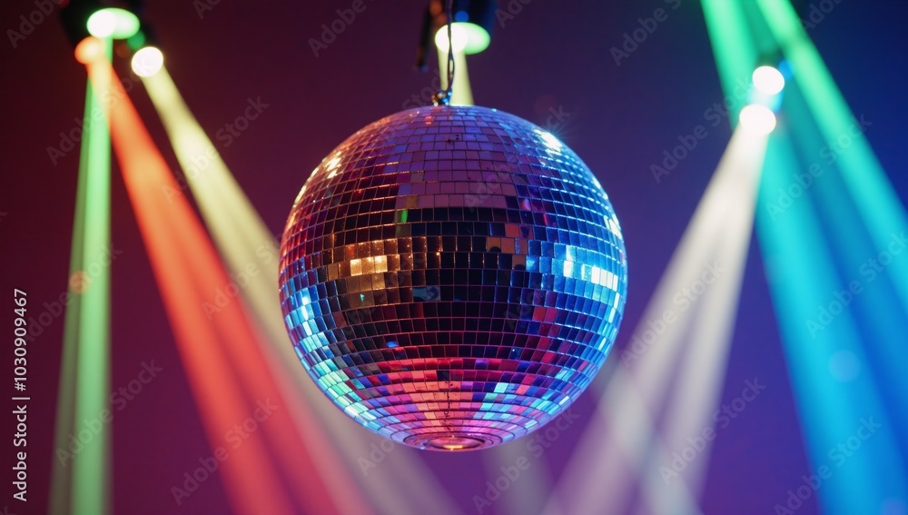 Obraz premium A dancing disco ball illuminates an abstract-colored backdrop in a vibrant nightclub setting