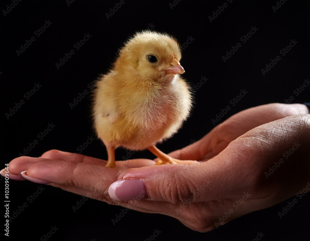 Pollito amarillo sobre la palma de la mano de un hombre Pollito amarillo sobre la palma de la mano de un hombre