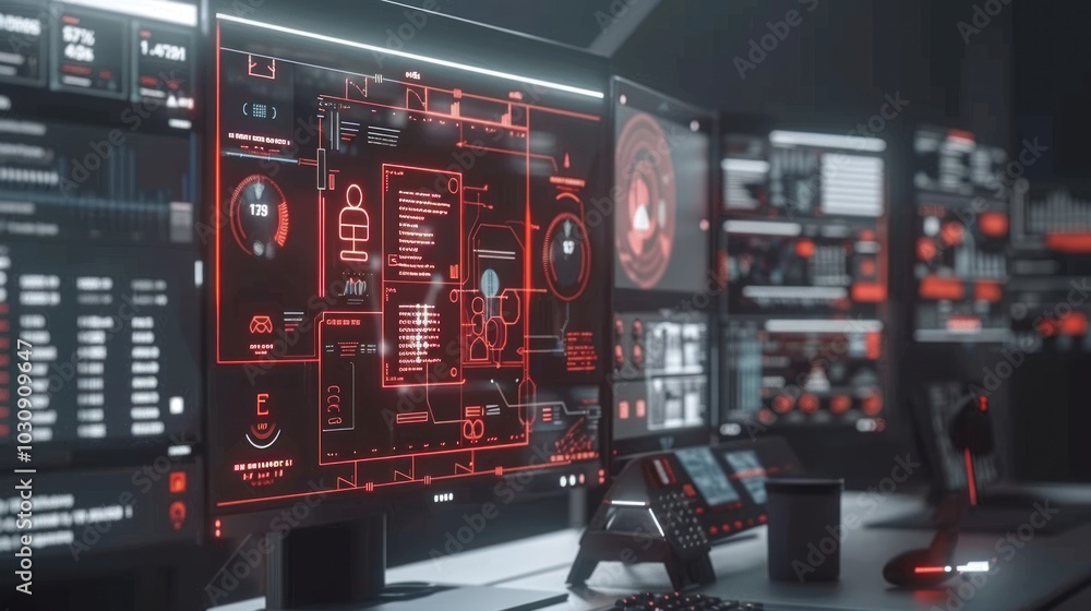 Futuristic Control Room with Red Digital Interfaces and Displays Futuristic Control Room with Red Digital Interfaces and Displays