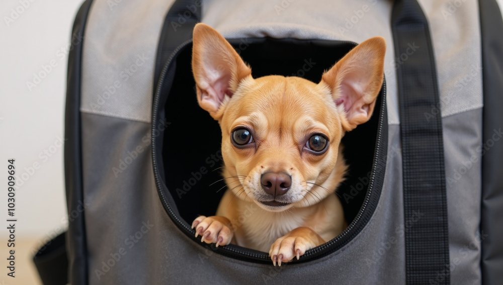 A cheerful brown chihuahua beams from a pet carrier set for an adorable adventure while traveling with pets in pet photography A cheerful brown chihuahua beams from a pet carrier set for an adorable adventure while traveling with pets in pet photography
