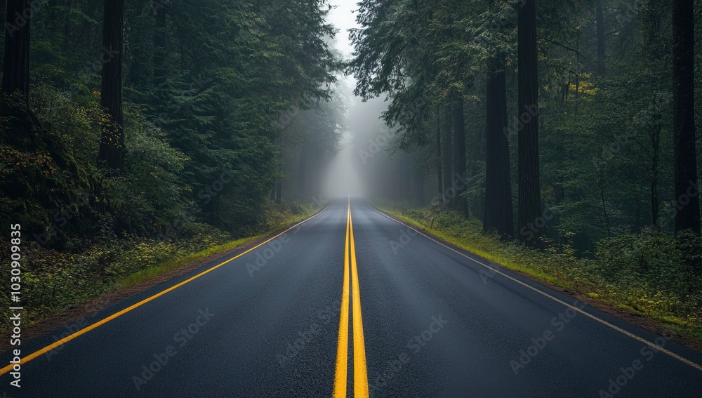 Fototapeta premium Straight Forest Road with Yellow Lines and a Foggy Atmosphere in High-Quality Photography