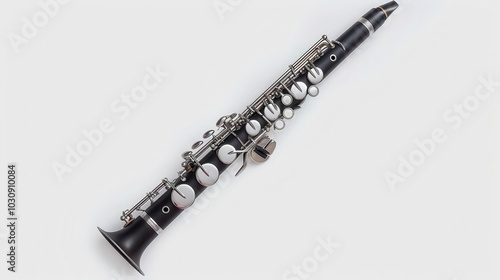 A clarinet clipart, woodwind instrument element, hyper-realistic, black and silver, isolated on white background