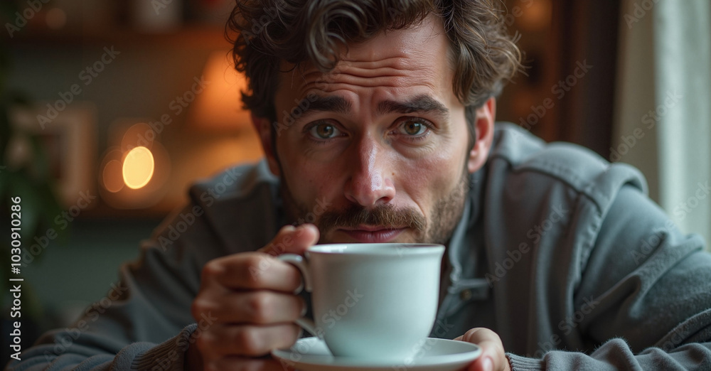 Thoughtful man holding a cup of coffee while enjoying a cozy moment at home Thoughtful man holding a cup of coffee while enjoying a cozy moment at home