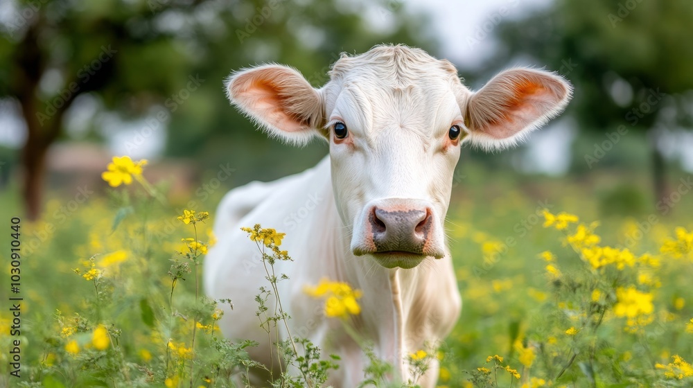A young white cow with big brown eyes stands in a field of yellow wildflowers, gazing directly at the camera with a curious expression. A young white cow with big brown eyes stands in a field of yellow wildflowers, gazing directly at the camera with a curious expression.