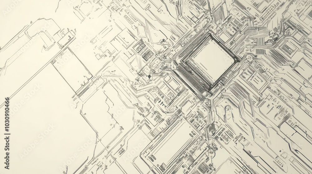 Fototapeta premium Intricate Black and White Circuit Board Design with Geometric Precision, Abstract Technology Sketch