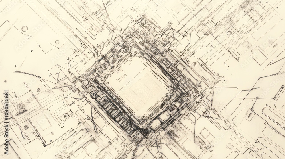 Fototapeta premium Intricate Black and White Circuit Board Design with Geometric Precision, Abstract Technology Sketch