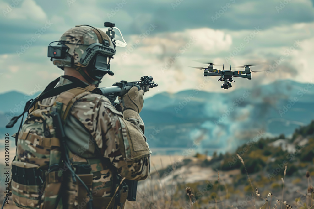 Soldier aiming a rifle while controlling a drone during a military operation in a mountainous area with smoke rising in the background Soldier aiming a rifle while controlling a drone during a military operation in a mountainous area with smoke rising in the background