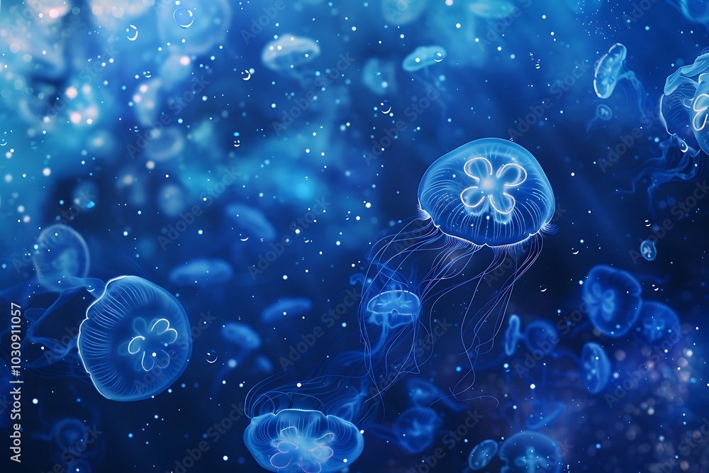 A serene underwater scene with numerous jellyfish floating in a deep blue sea A serene underwater scene with numerous jellyfish floating in a deep blue sea