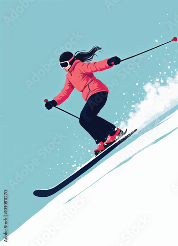 vector illustration of a woman skiing down a snowy hill with a pink jacket on