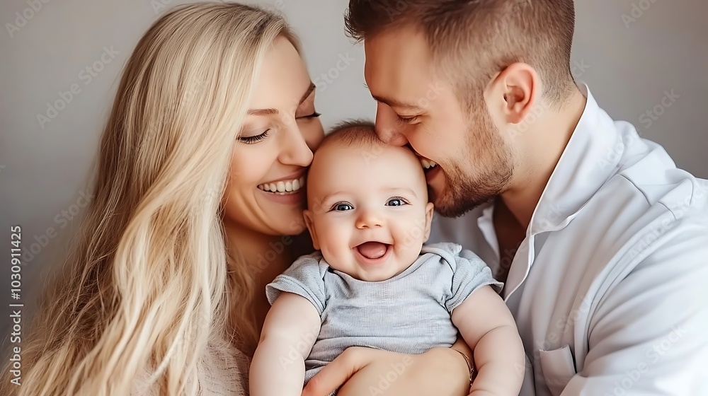 Happy parents holding their smiling baby. Happy parents holding their smiling baby.