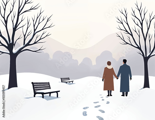 vector illustration of a couple holding hands and walking in the snow on a quiet park with city