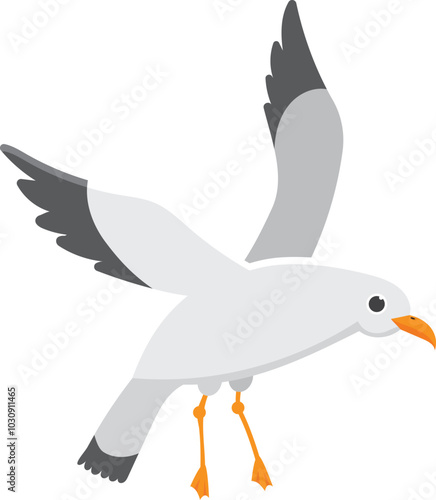 Cute cartoon seagull with spread wings landing on the shore after a long flight. Perfect for logos or illustrations, symbolizing freedom and nature