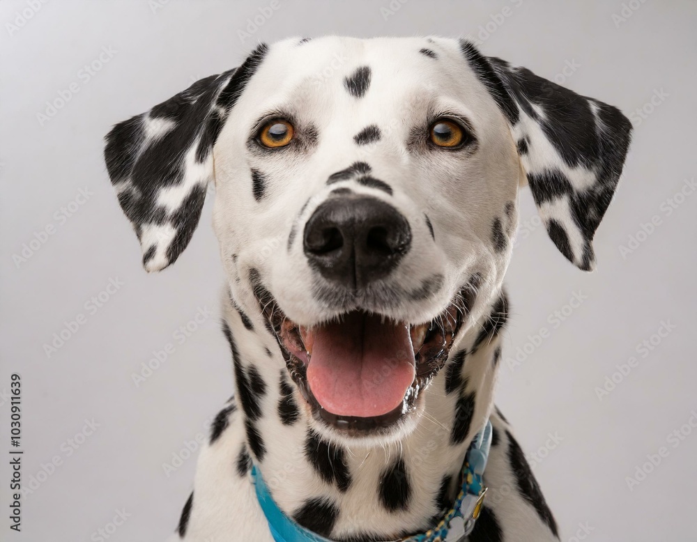 Retrato de un perro de raza dalmata blanco y negro feliz mirando a camara Retrato de un perro de raza dalmata blanco y negro feliz mirando a camara