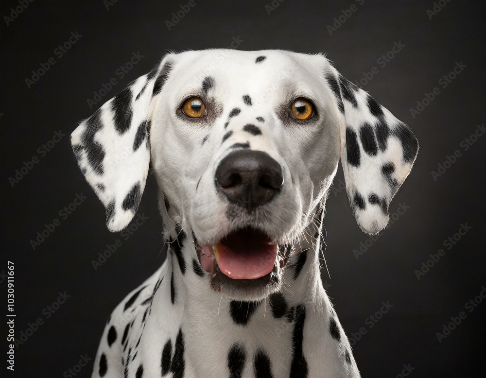 Retrato de un perro de raza dalmata blanco y negro mirando feliz sobre fondo negro Retrato de un perro de raza dalmata blanco y negro mirando feliz sobre fondo negro