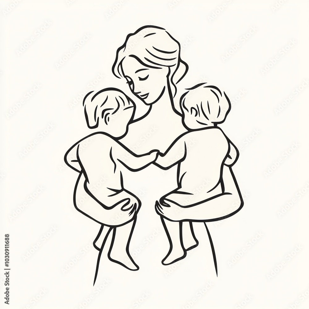 Simple line drawing of a mother holding two children in her arms Generative AI Simple line drawing of a mother holding two children in her arms Generative AI