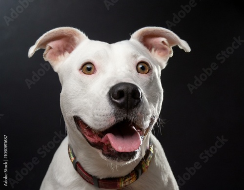 Retrato de estudio de un perro de raza Staffy mirando sorprendido