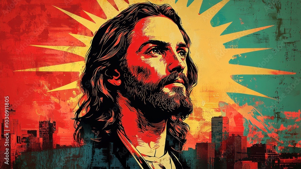 Portrait of a man looking upward with bold colors and textured brushstrokes featuring a large sun in the background Generative AI Portrait of a man looking upward with bold colors and textured brushstrokes featuring a large sun in the background Generative AI