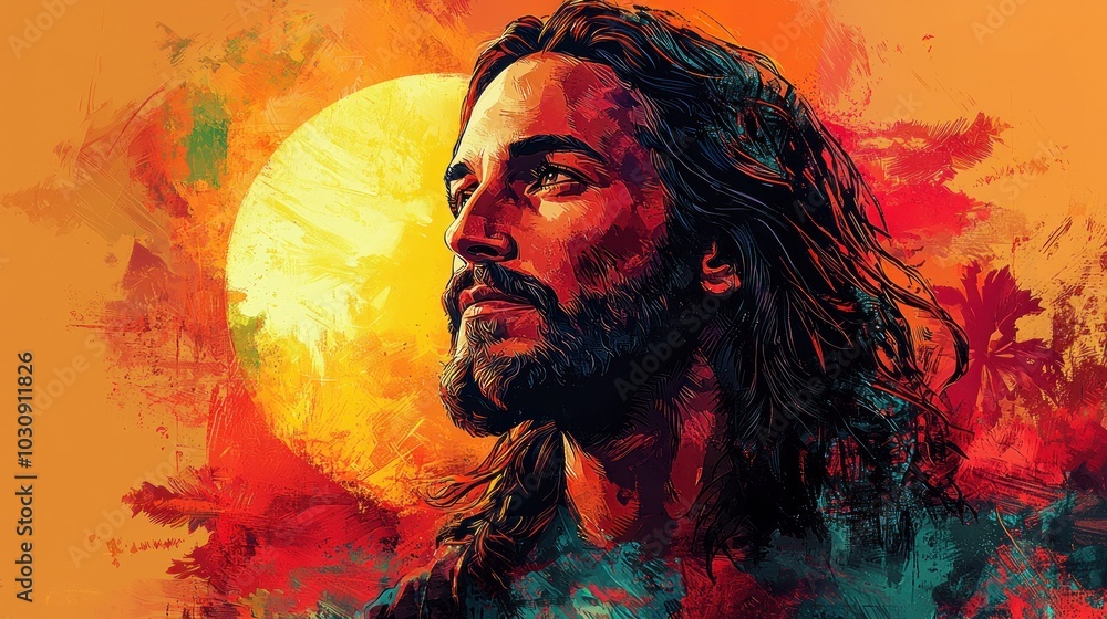 Portrait of a man looking upward with bold colors and textured brushstrokes featuring a large sun in the background Generative AI