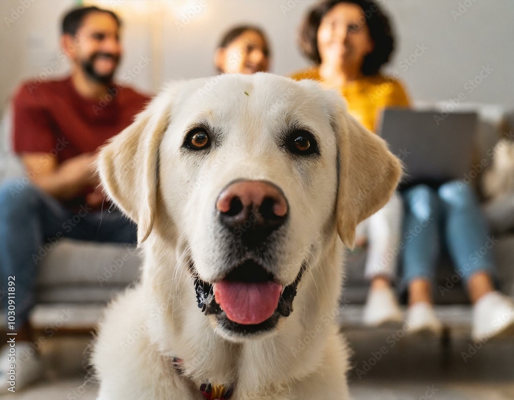 Perro labrador sentado en primer plano junto a una familia feliz