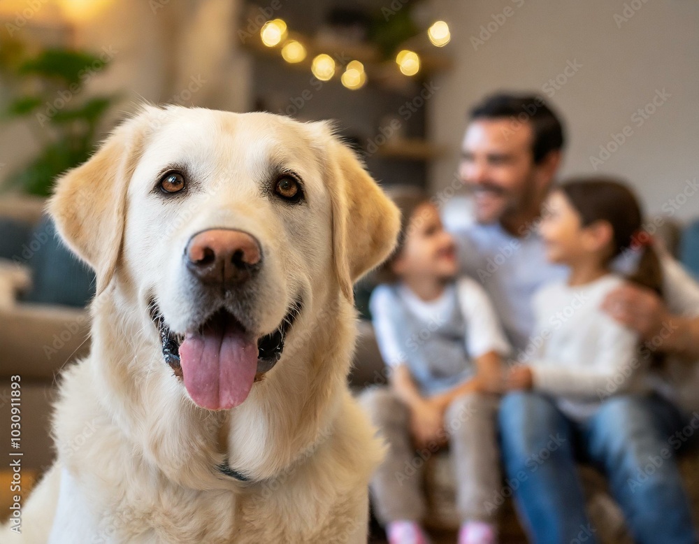 Perro labrador sentado en primer plano junto a una familia feliz Perro labrador sentado en primer plano junto a una familia feliz