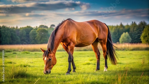 elegant brown horse feeding in wild grass